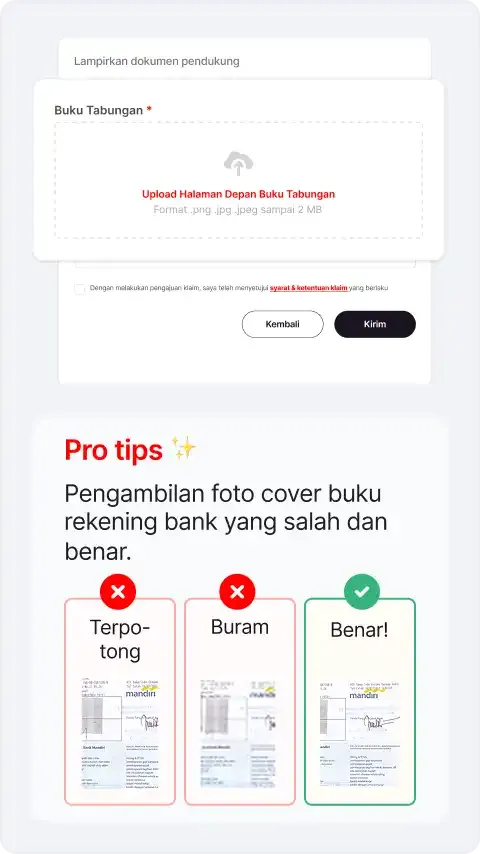Upload foto cover buku rekening atau screenshot aplikasi Bank